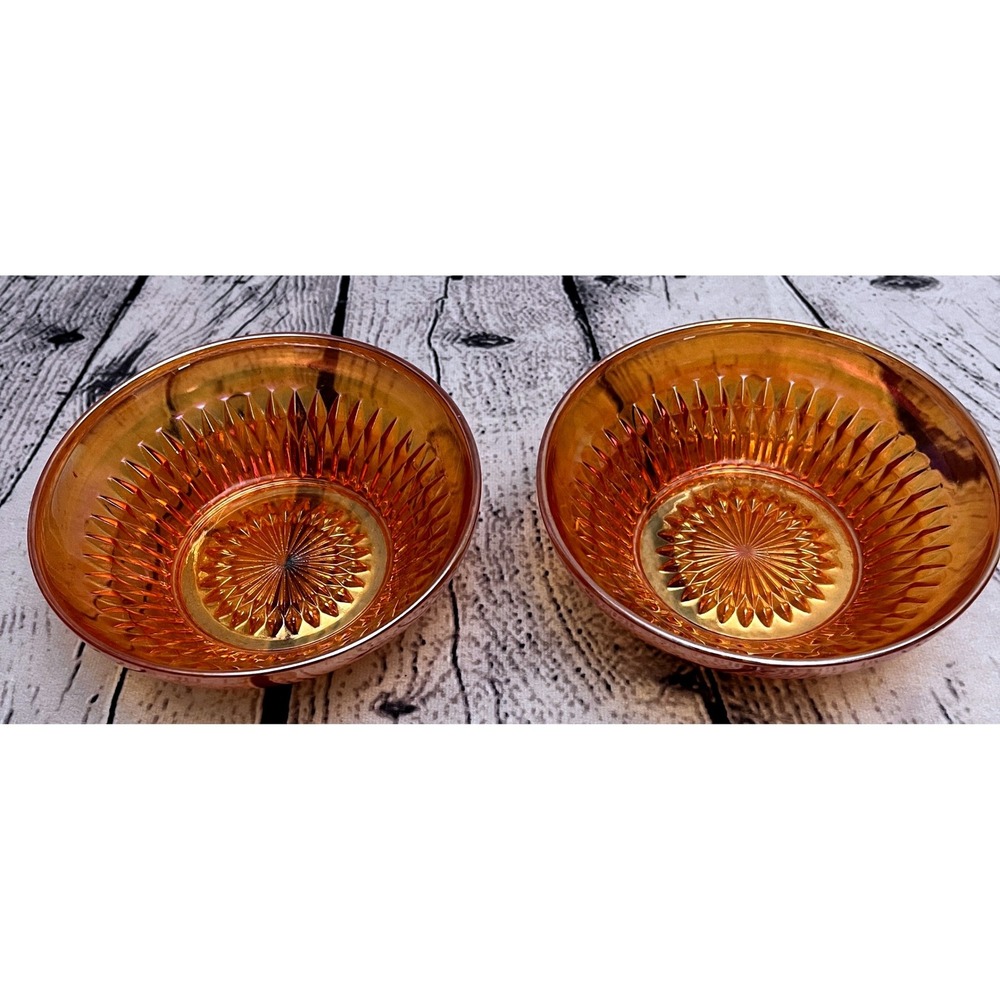 Set of 2 Vintage Jeannette Sunburst Marigold Iridescent Carnival Small Bowls